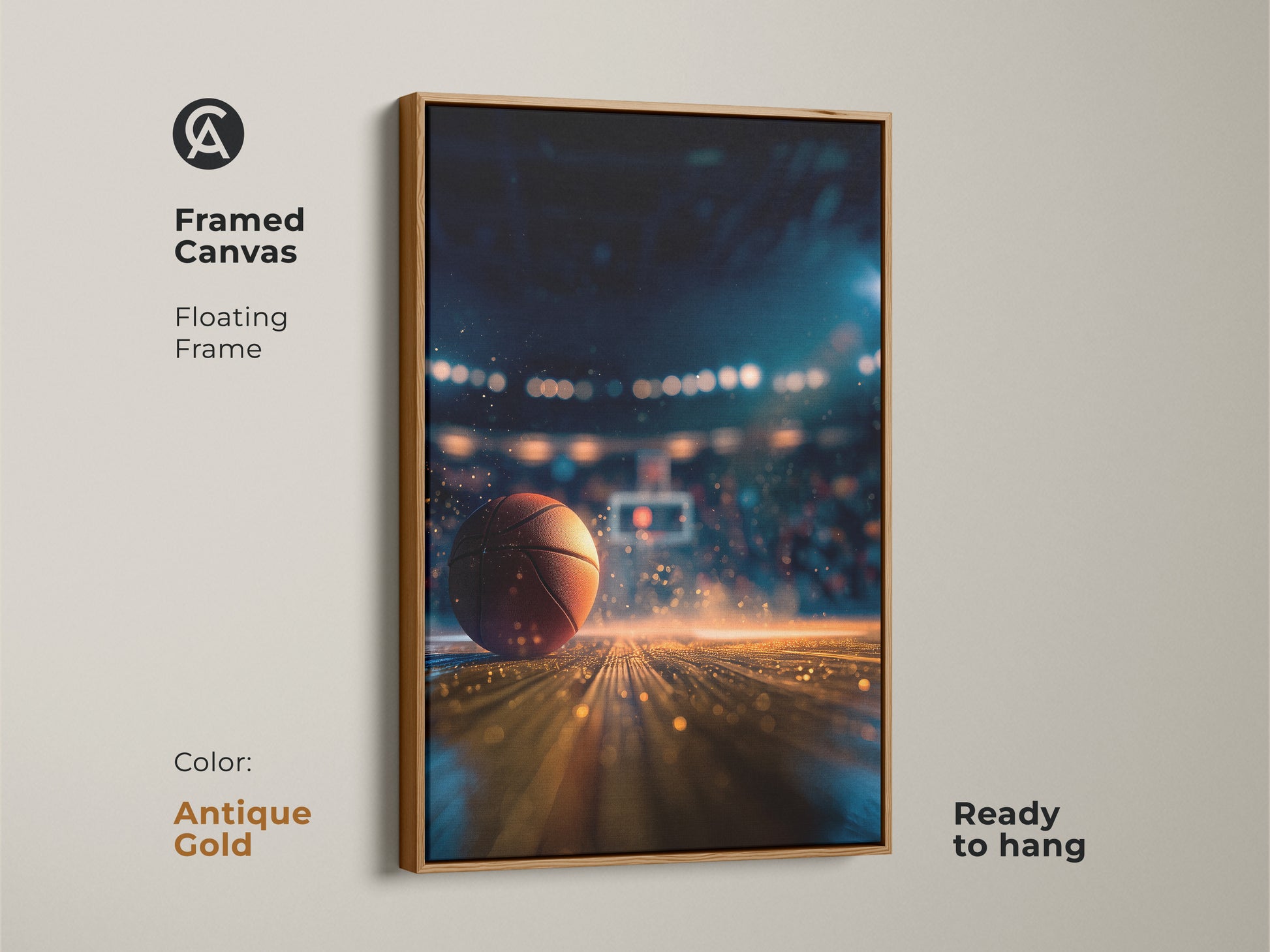 This framed canvas showcases a dynamic basketball court scene. The antique gold floating frame adds a vintage touch. It is ready to hang offering instant elegance. Perfect for sports themed decor. This basketball artwork is a great choice.