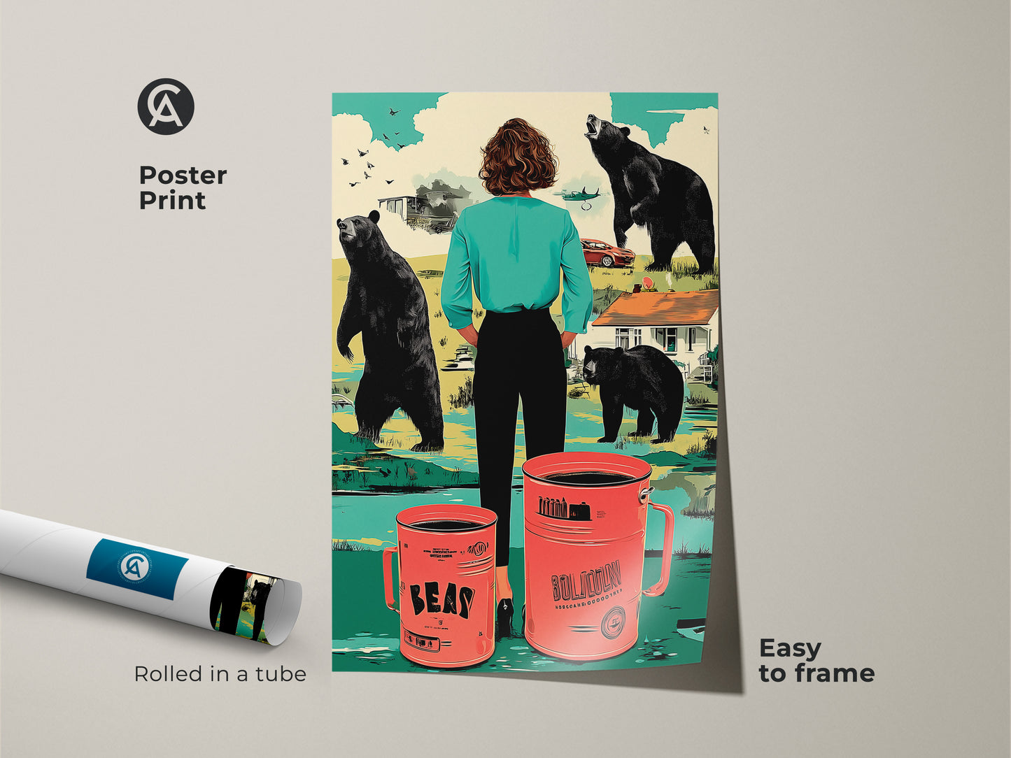 This retro coffee mug poster is easy to frame. Rolled in a tube the surreal bear art print features bold colors. The eclectic wall decor is a housewarming gift idea. Its the perfect animal surreal art for coffee shops or home bars.