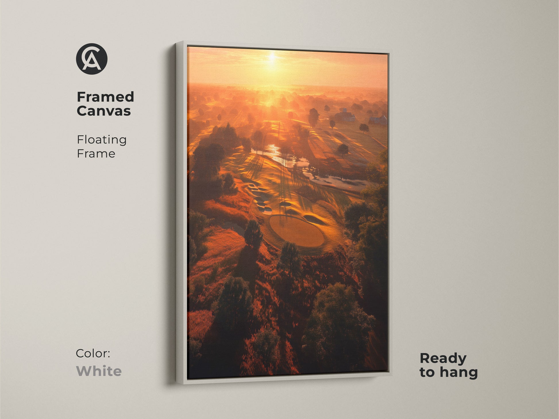 Framed canvas art featuring a golf course at sunrise. This floating frame canvas is ready to hang. The white frame offers a clean look. This fine art is perfect for modern spaces.