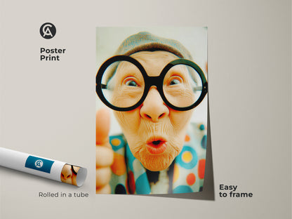 Poster print artwork of an elderly woman wearing quirky glasses. The print is rolled in a tube for easy framing. Add a touch of humor to your walls with this unique art piece for home decor.