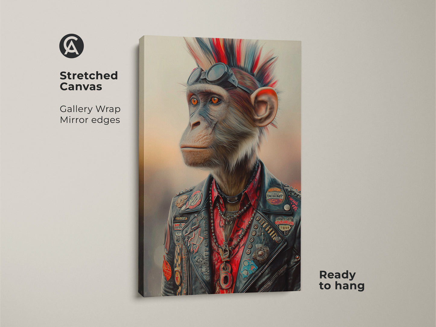 Stretched canvas of a rock and roll chimpanzee print. The punk animal wall art features gallery wrap and mirror edges. This leather jacket monkey artwork is ready to hang. It is an eclectic gift for music lovers seeking alternative home decor. This animal portrait embodies rebellion