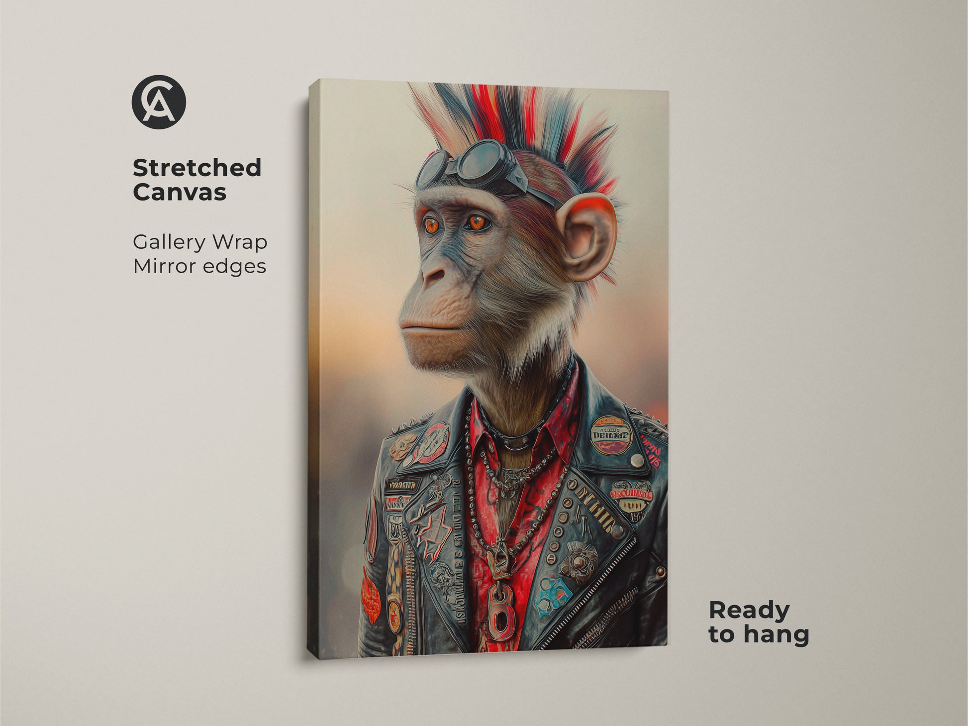 Stretched canvas of a rock and roll chimpanzee print. The punk animal wall art features gallery wrap and mirror edges. This leather jacket monkey artwork is ready to hang. It is an eclectic gift for music lovers seeking alternative home decor. This animal portrait embodies rebellion