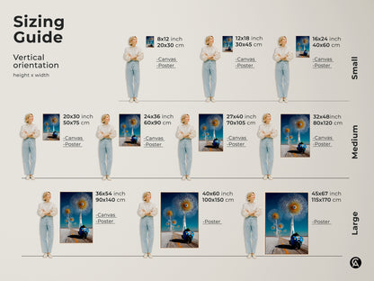Sizing guide showcases surreal motorcycle art in various vertical orientations. See how the futuristic dandelion artwork fits as canvas or poster in multiple sizes. Perfect blue orange art for any space offering unique wall hanging solutions.
