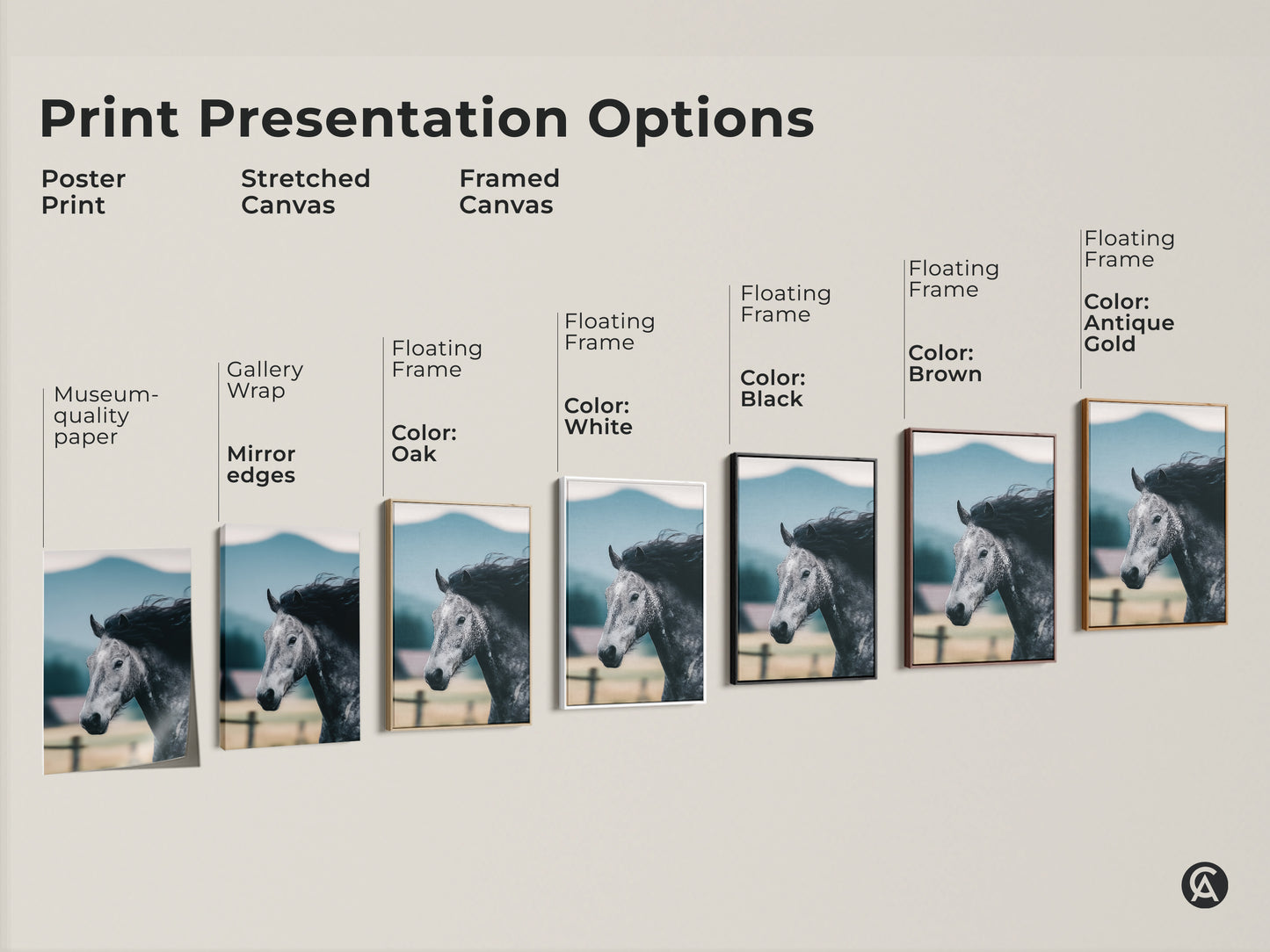 Explore print presentation options with this equestrian canvas art. Choose from poster prints to stretched and framed canvases. Featuring a monochrome horse print in rustic style. Perfect for animal lovers.