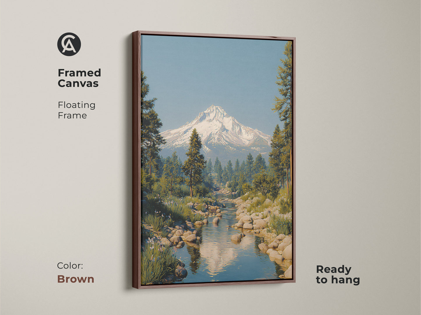 Framed canvas of a rustic mountain river art print with a floating brown frame. The snowy peak landscape canvas features pine trees and a blue sky. This scenic nature artwork is ready to hang adding a touch of peacefulness to any room. A great housewarming gift.
