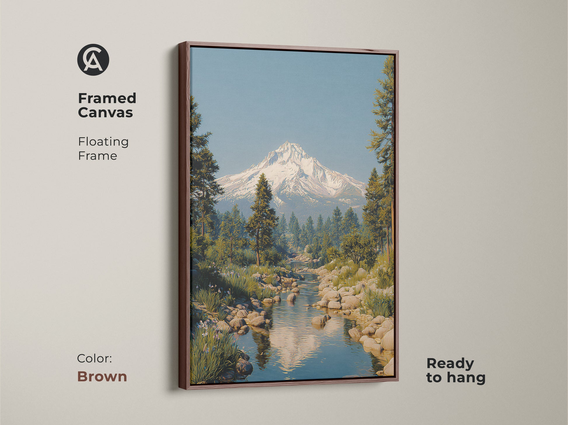 Framed canvas of a rustic mountain river art print with a floating brown frame. The snowy peak landscape canvas features pine trees and a blue sky. This scenic nature artwork is ready to hang adding a touch of peacefulness to any room. A great housewarming gift.