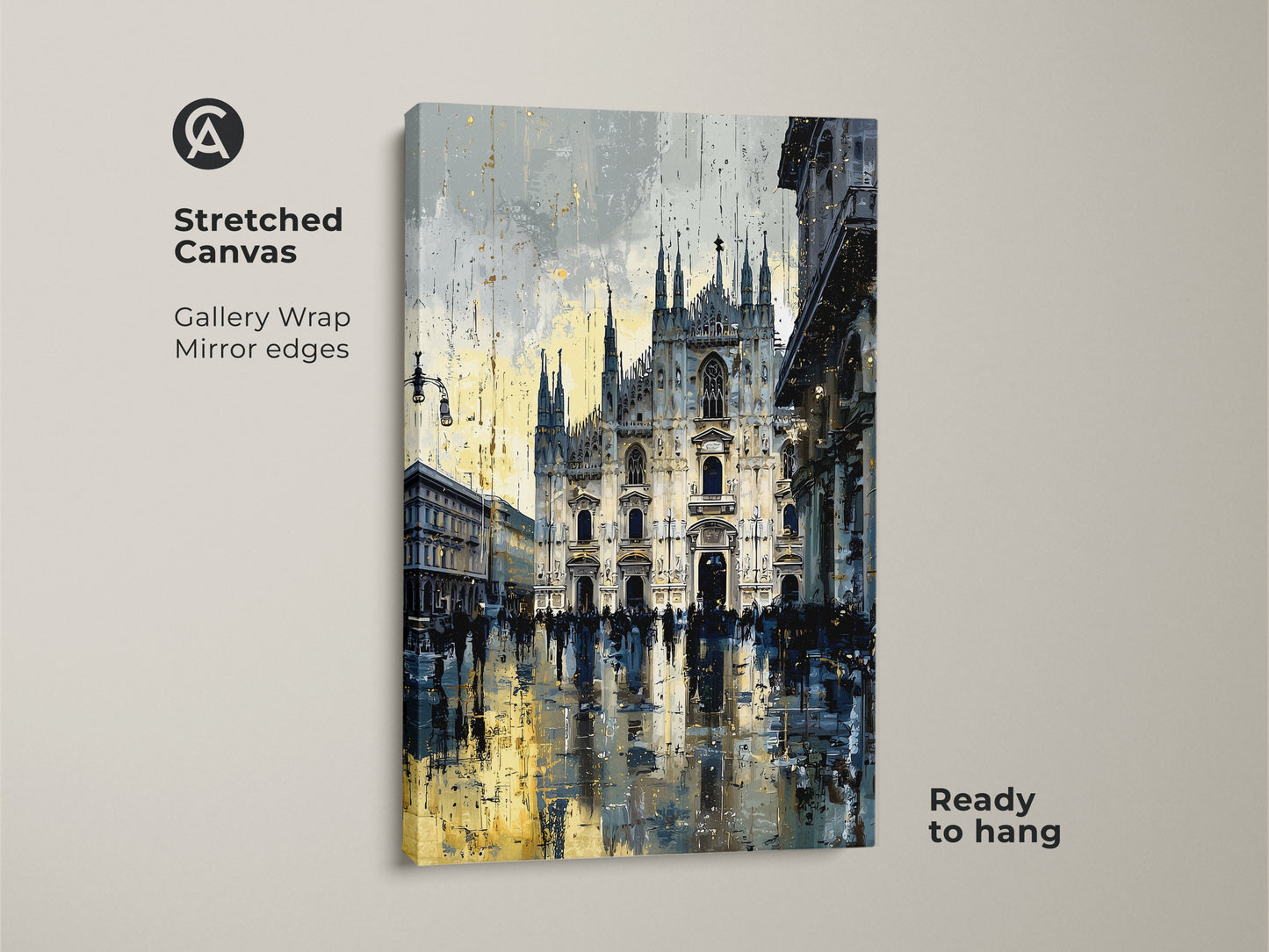 Stretched Canvas showcasing Milan Cathedral artwork. Gallery wrapped with mirror edges for a seamless look. Ready to hang and enjoy. The urban street scene print brings contemporary art to any room. Blue yellow and gray tones create a modern aesthetic.