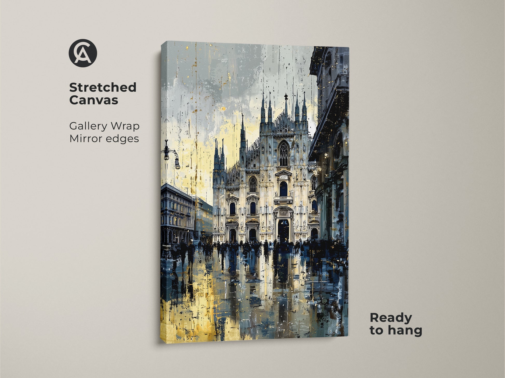 Stretched Canvas showcasing Milan Cathedral artwork. Gallery wrapped with mirror edges for a seamless look. Ready to hang and enjoy. The urban street scene print brings contemporary art to any room. Blue yellow and gray tones create a modern aesthetic.