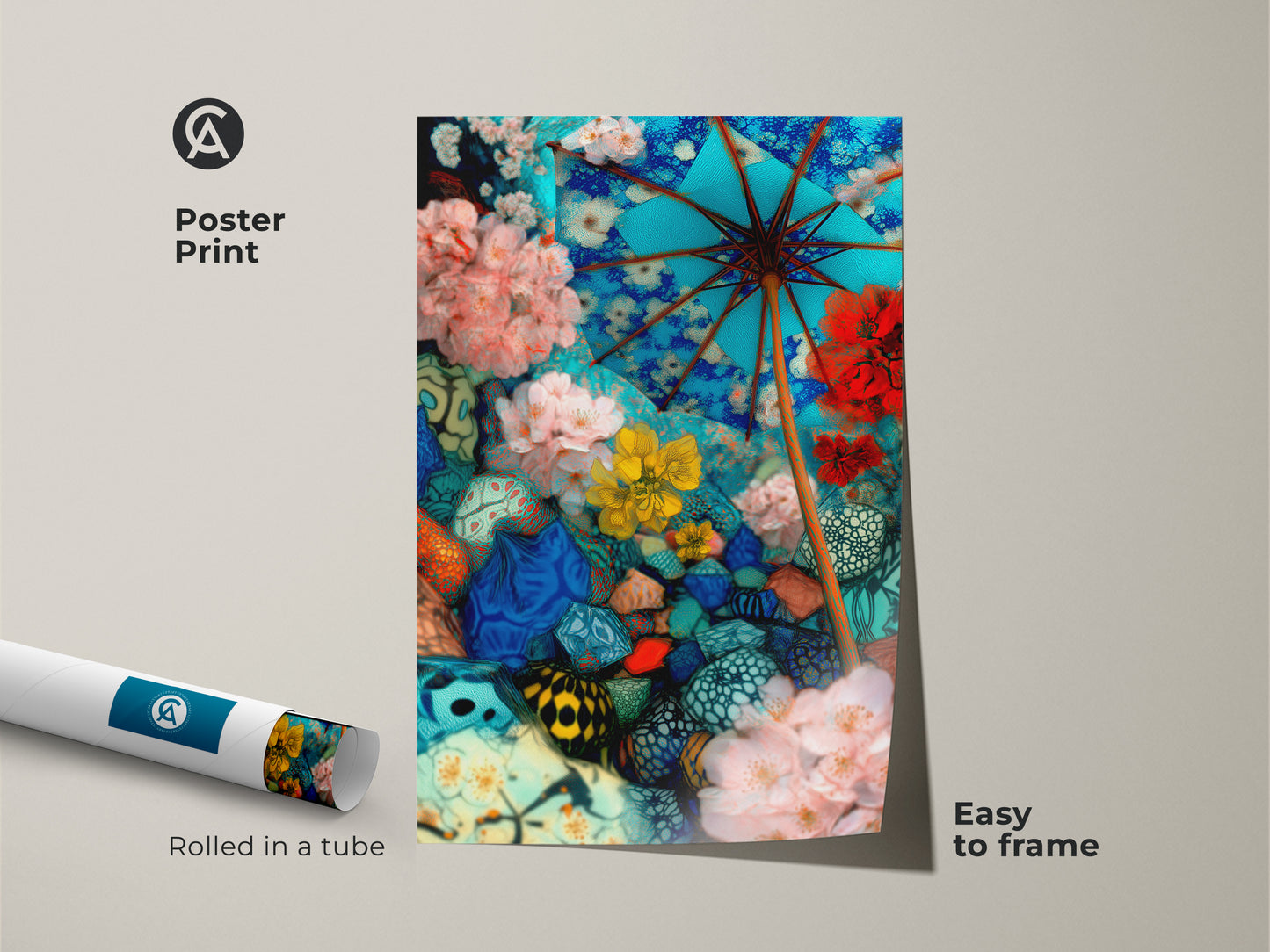 This is a surreal floral umbrella art presented as a poster print. Rolled in a tube for easy framing it showcases abstract botanical artwork. The blue pink and teal artwork enhances eclectic bedroom decor. This mixed media collage art decor adds a unique touch to any space. It’s an ideal gift for art lovers. Its vibrant surrealism brightens any home.