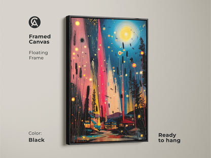 Framed canvas shows abstract teal and pink art. The floating frame accentuates the village night scene. Ready to hang this artwork enhances eclectic interiors with color and charm.