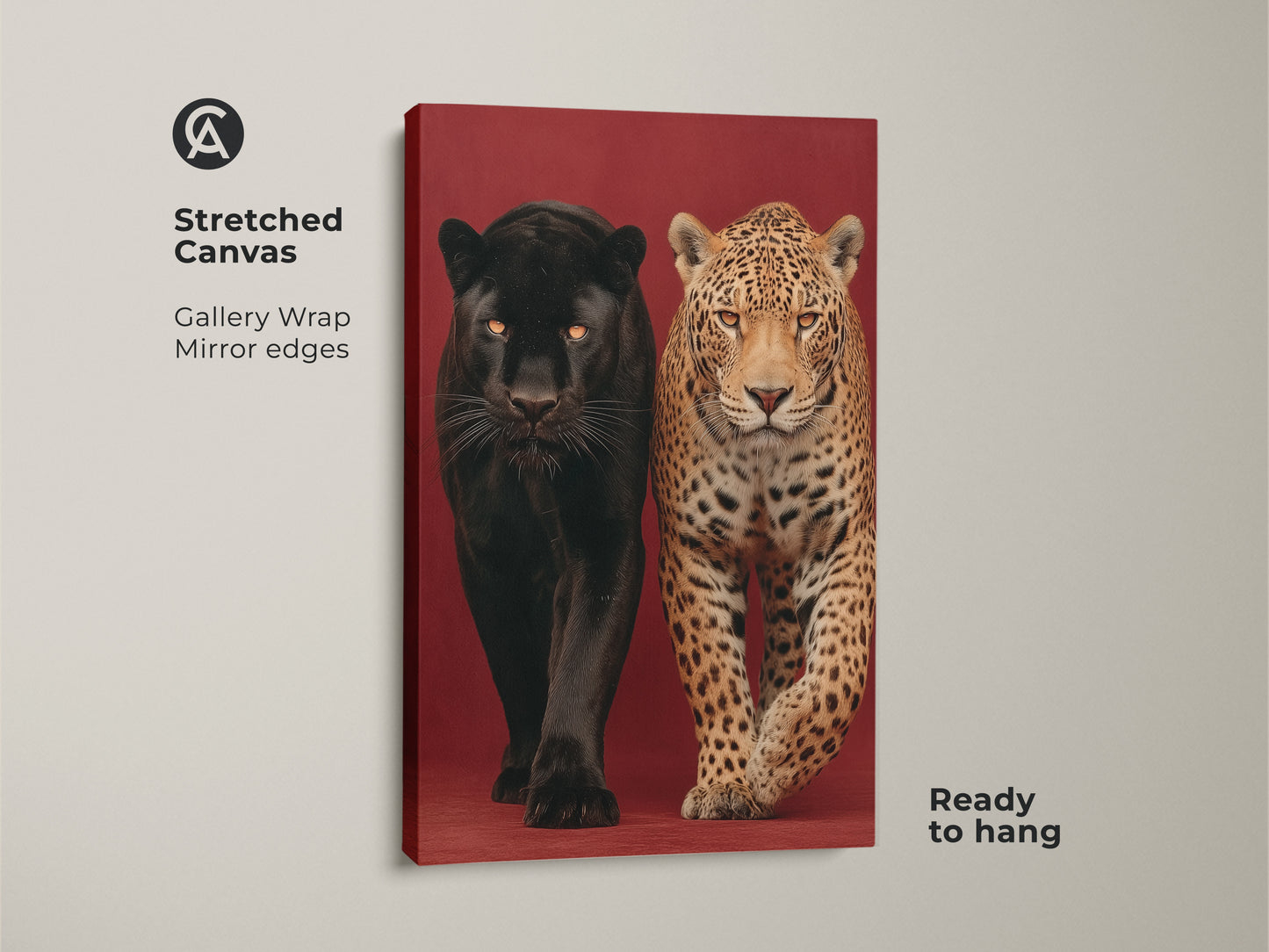 Stunning wildlife artwork showcasing a black panther and jaguar on stretched canvas. The gallery wrap features mirrored edges. This photorealistic big cat print arrives ready to hang. Ideal contemporary animal art for creating a captivating focal point in any room. A luxurious animal canvas