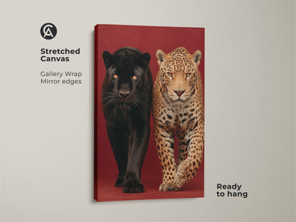 Stunning wildlife artwork showcasing a black panther and jaguar on stretched canvas. The gallery wrap features mirrored edges. This photorealistic big cat print arrives ready to hang. Ideal contemporary animal art for creating a captivating focal point in any room. A luxurious animal canvas
