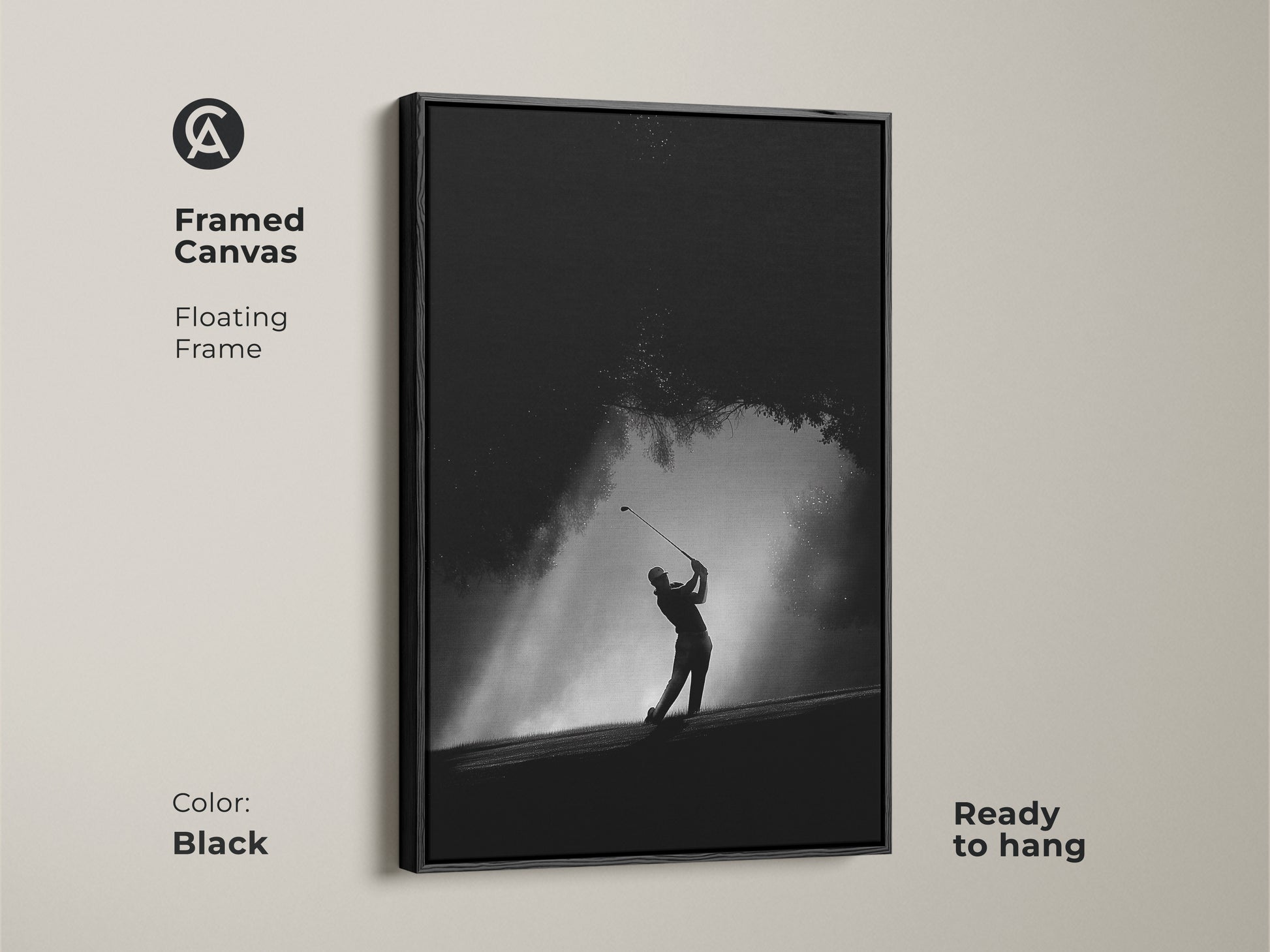 Framed canvas featuring a golfer. The black floating frame adds a touch of elegance. The artwork is ready to hang. The black and white tones create a sophisticated look. A great addition to any room.