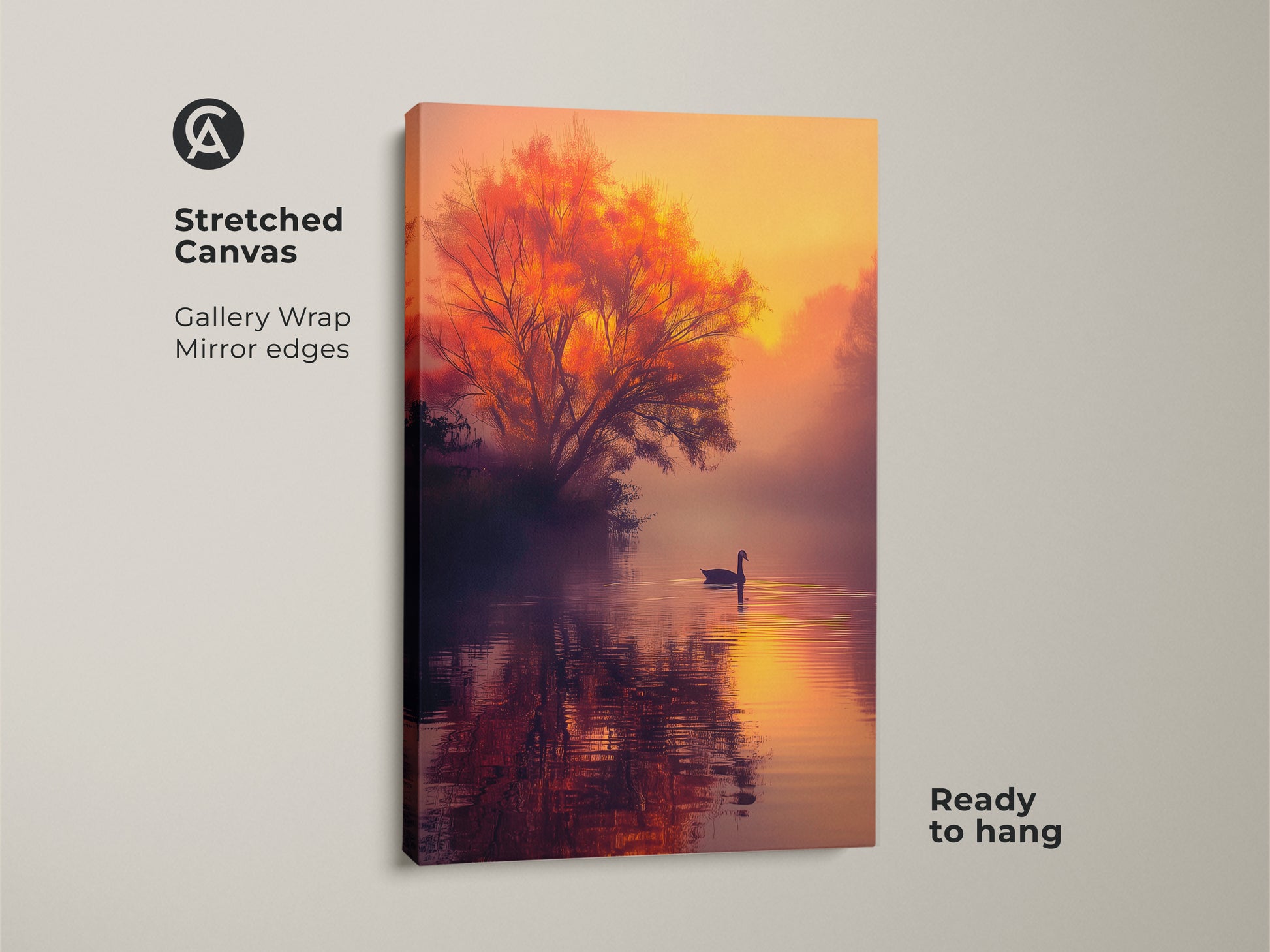 This is a gallery-wrapped canvas art featuring a tranquil lake scene. A swan swims peacefully as the sun sets. An orange tree adds warmth. The mirror edges and ready-to-hang feature make it a convenient and stylish addition. Explore our collection for more stunning artwork.