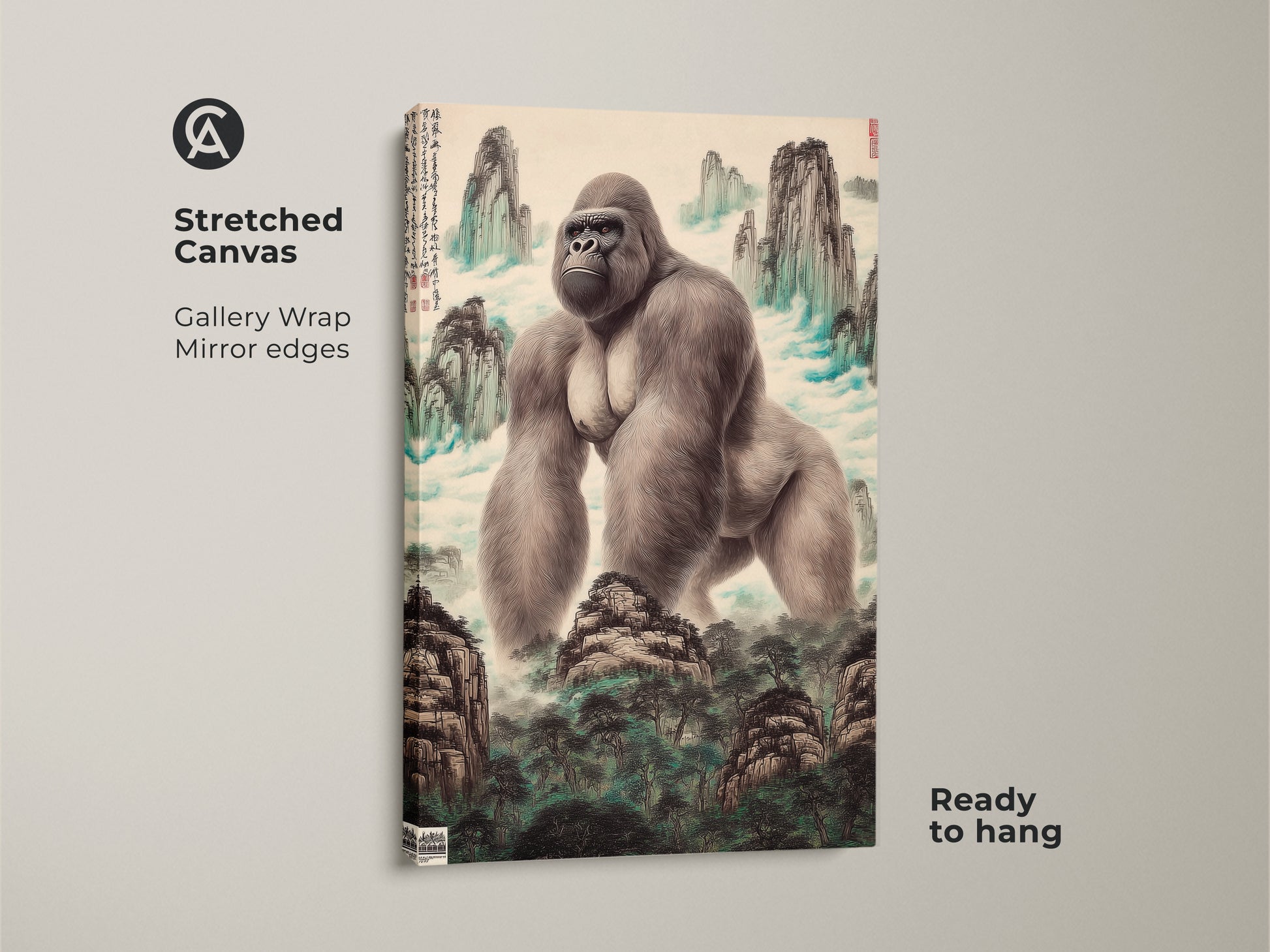 Stretched canvas featuring a gorilla in a Chinese ink wash mountain scene. This gallery wrap animal artwork has mirror edges and is ready to hang. Ideal for eclectic home decor or as a unique wall hanging. The traditional Asian art style and nature-inspired print make it a fine art addition for any room. This is a perfect gift for animal lovers.