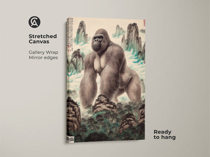 Stretched canvas featuring a gorilla in a Chinese ink wash mountain scene. This gallery wrap animal artwork has mirror edges and is ready to hang. Ideal for eclectic home decor or as a unique wall hanging. The traditional Asian art style and nature-inspired print make it a fine art addition for any room. This is a perfect gift for animal lovers.