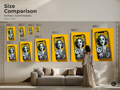 Size comparison of the woman megaphone art inches and centimeters. The art is displayed in various sizes in a living room. A woman stands near the artwork. Choose the right size for your space.