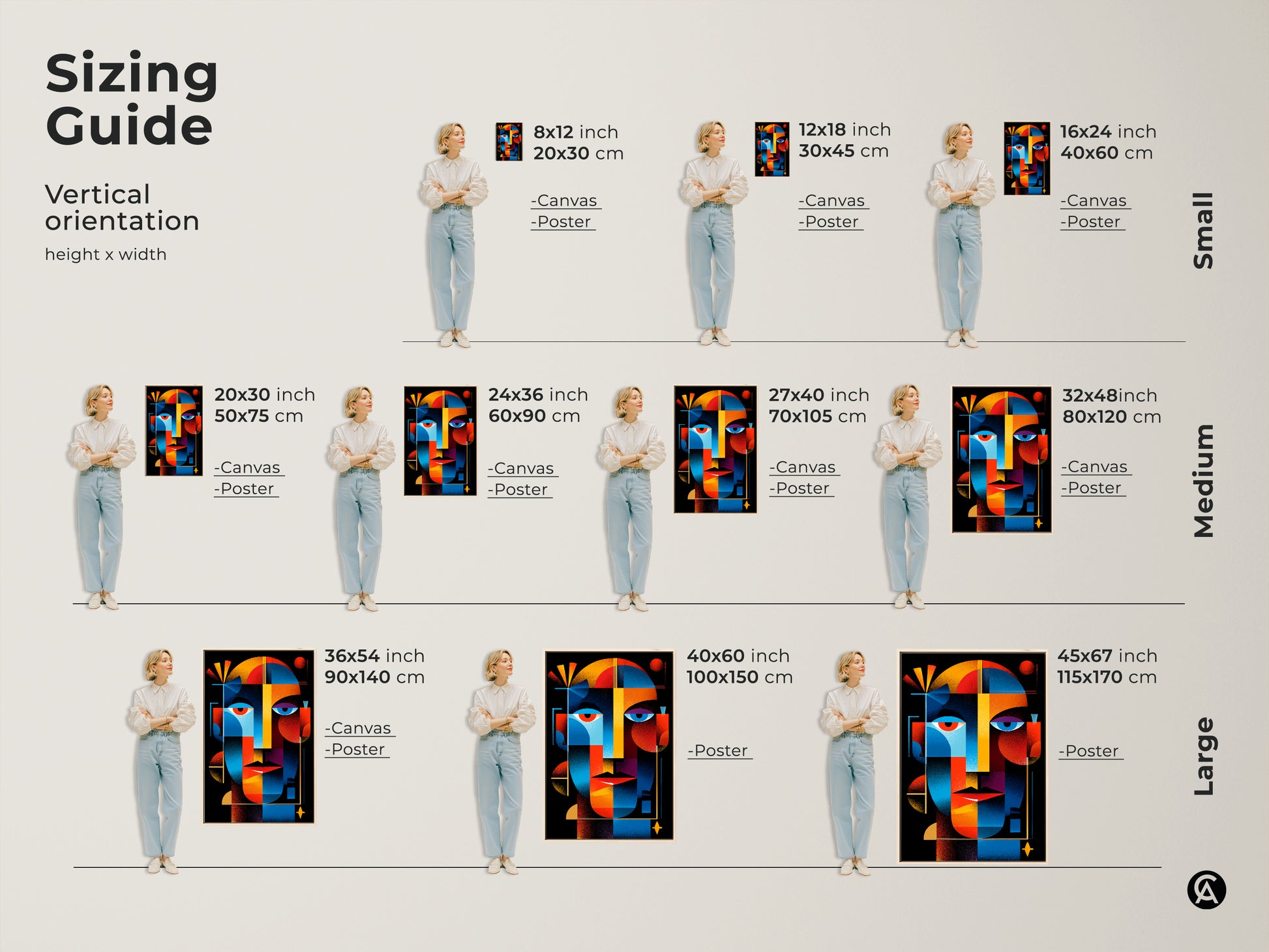 Sizing guide for vertical abstract face art prints. See canvas and poster sizes. Find the perfect fit for your space. Options include small medium and large art prints.