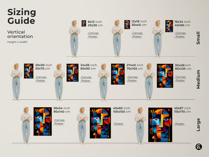 Sizing guide for vertical abstract face art prints. See canvas and poster sizes. Find the perfect fit for your space. Options include small medium and large art prints.
