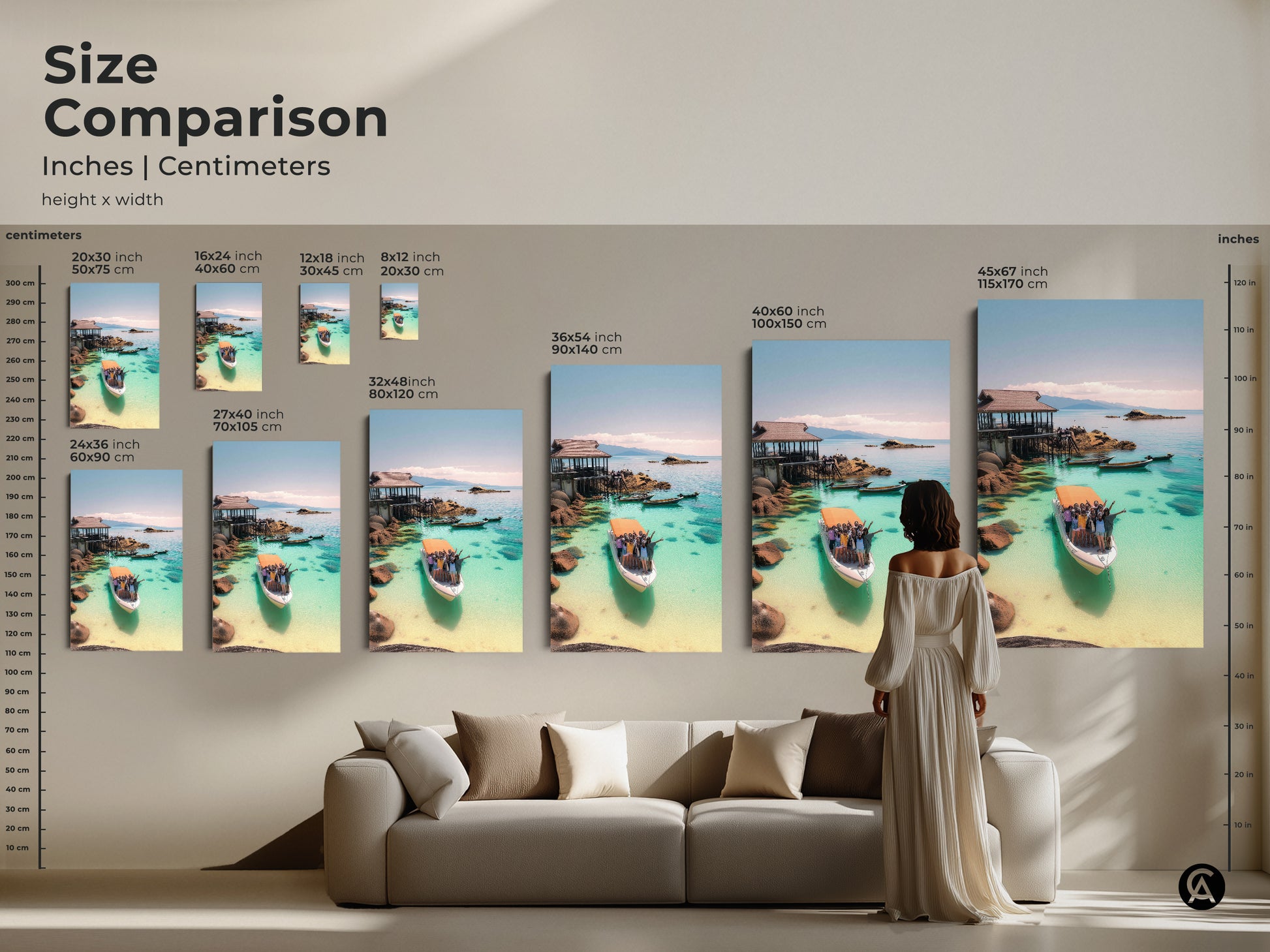 Size Comparison of Coastal Art. Inches and Centimeters. See how the Turquoise Ocean Boat Art fits in your space. Various sizes available. Choose the ideal artwork for your home. Transform your living space with tropical vacation vibes.