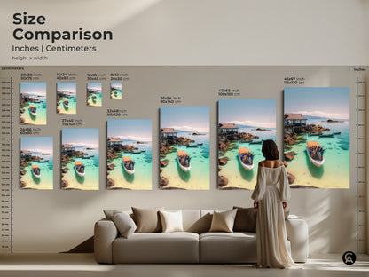 Size Comparison of Coastal Art. Inches and Centimeters. See how the Turquoise Ocean Boat Art fits in your space. Various sizes available. Choose the ideal artwork for your home. Transform your living space with tropical vacation vibes.