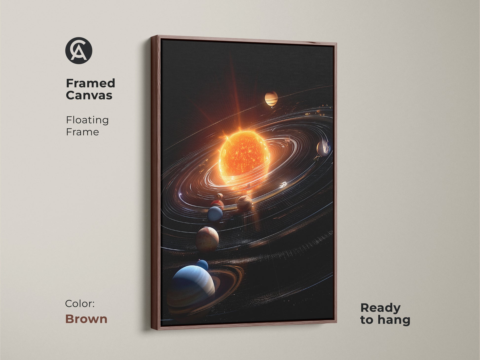 Framed canvas art with a brown floating frame displays solar system artwork. The artwork is ready to hang. The frame enhances the vibrant sun and planets. This piece brings cosmic beauty and sophistication to your home decor with this unique wall art.