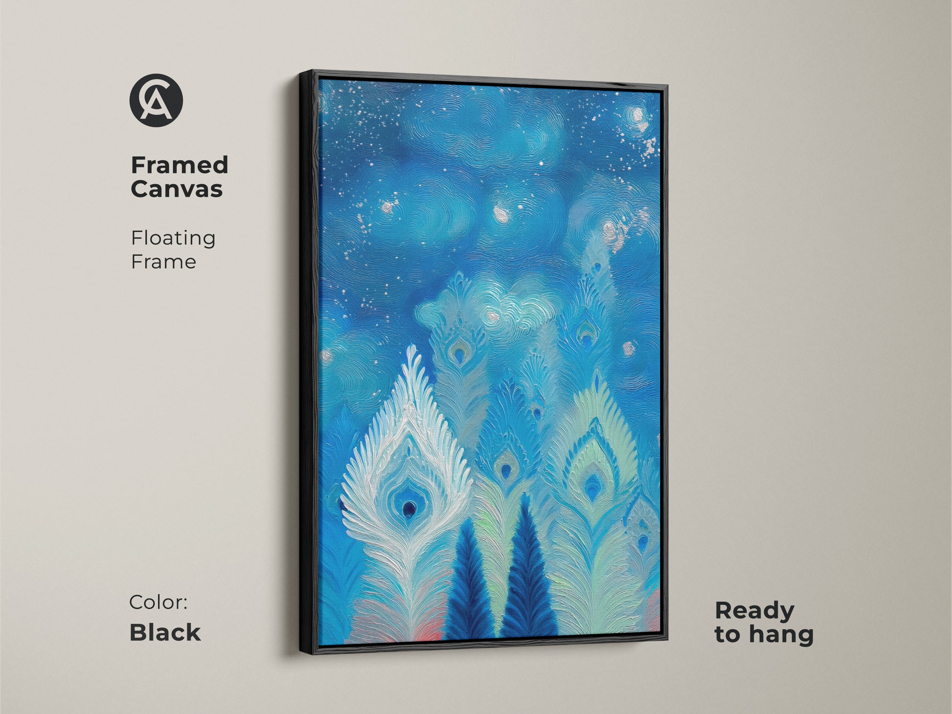 Framed canvas artwork shows peacock feathers in abstract. The deep blues and teals provide a celestial swirl. This wall art is ready to hang with a black floating frame. It is perfect wall art for nature lovers.