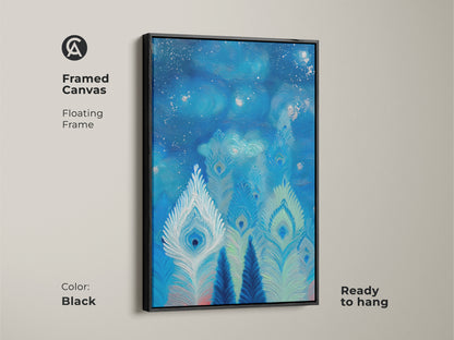 Framed canvas artwork shows peacock feathers in abstract. The deep blues and teals provide a celestial swirl. This wall art is ready to hang with a black floating frame. It is perfect wall art for nature lovers.