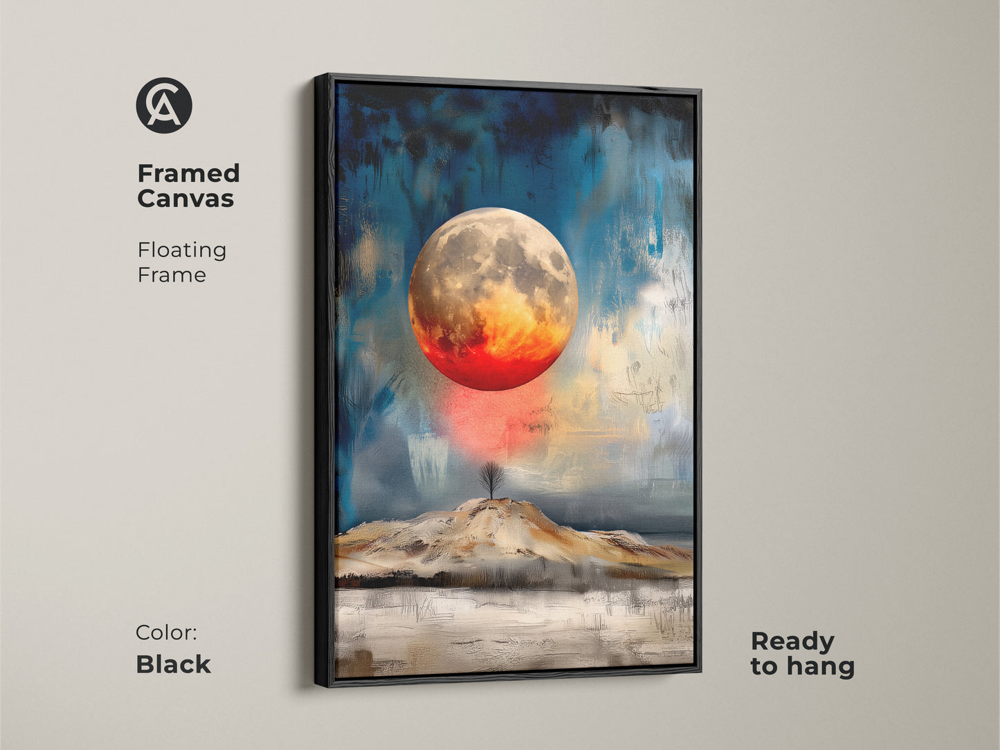 Black framed canvas features a textured abstract moon artwork. The celestial landscape art has a floating frame ready to hang. This space painting adds artistic flair to any space. It makes a thoughtful gift for eclectic art enthusiasts.