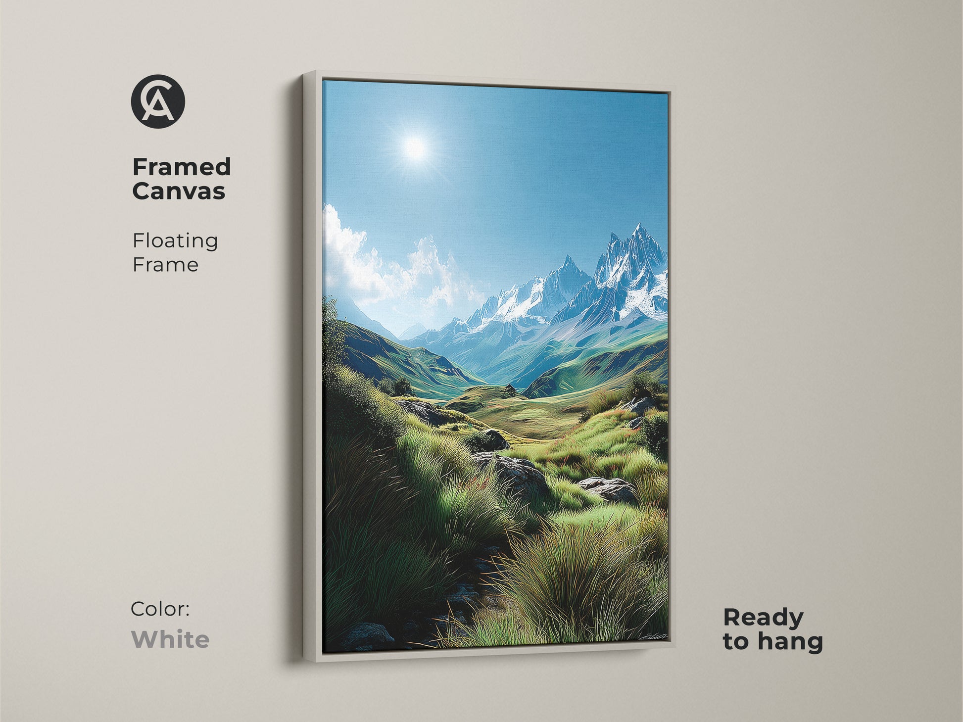 Framed canvas artwork featuring a serene mountain scene with a white floating frame. The clean white frame enhances the vibrant colors of the landscape. Ready to hang this piece is perfect for modern decor. Bring nature indoors with this art.
