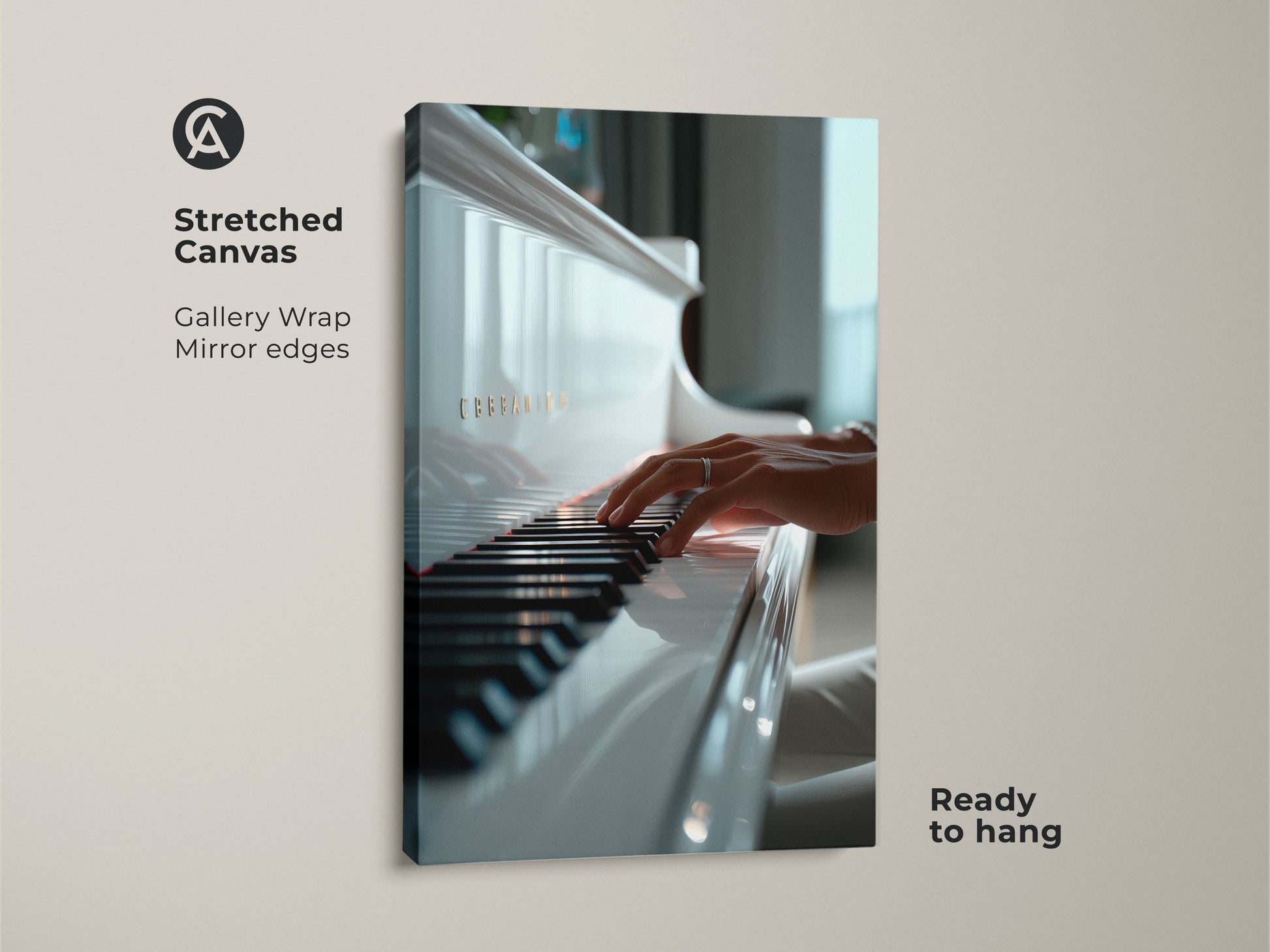 Stretched canvas art print featuring piano keys. The gallery wrap has mirrored edges. A hand is elegantly poised to play the piano. This musical artwork is ready to hang and enjoy in your home.