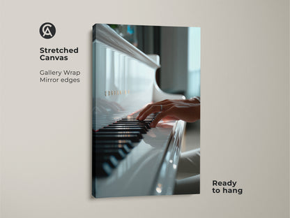 Stretched canvas art print featuring piano keys. The gallery wrap has mirrored edges. A hand is elegantly poised to play the piano. This musical artwork is ready to hang and enjoy in your home.