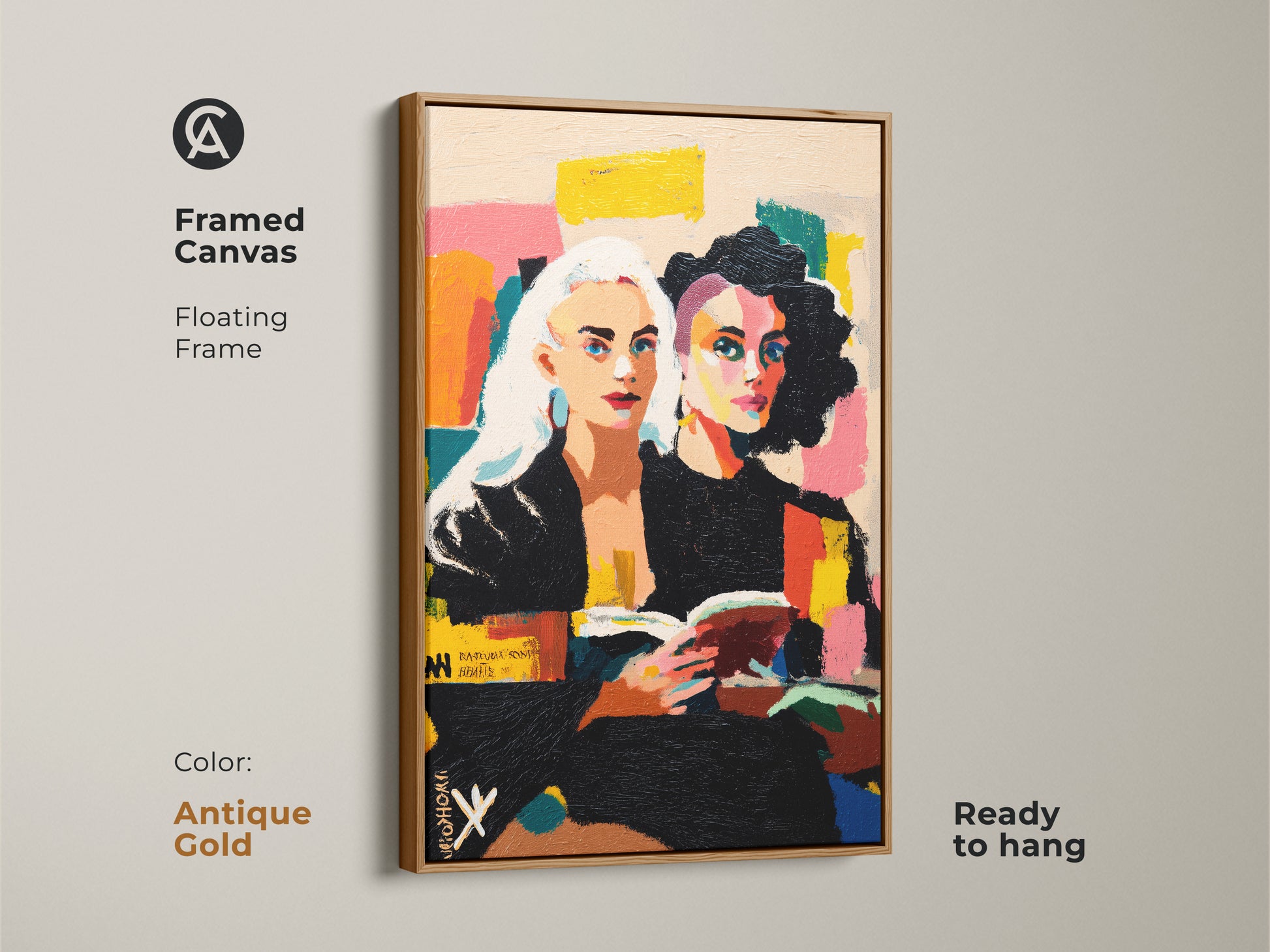 Framed canvas with a floating frame features an abstract portrait. Two women are reading a book. The frame color is antique gold and it is ready to hang. This expressive art adds contemporary flair. This canvas is a unique eclectic home decor print. Makes a book lover gift.