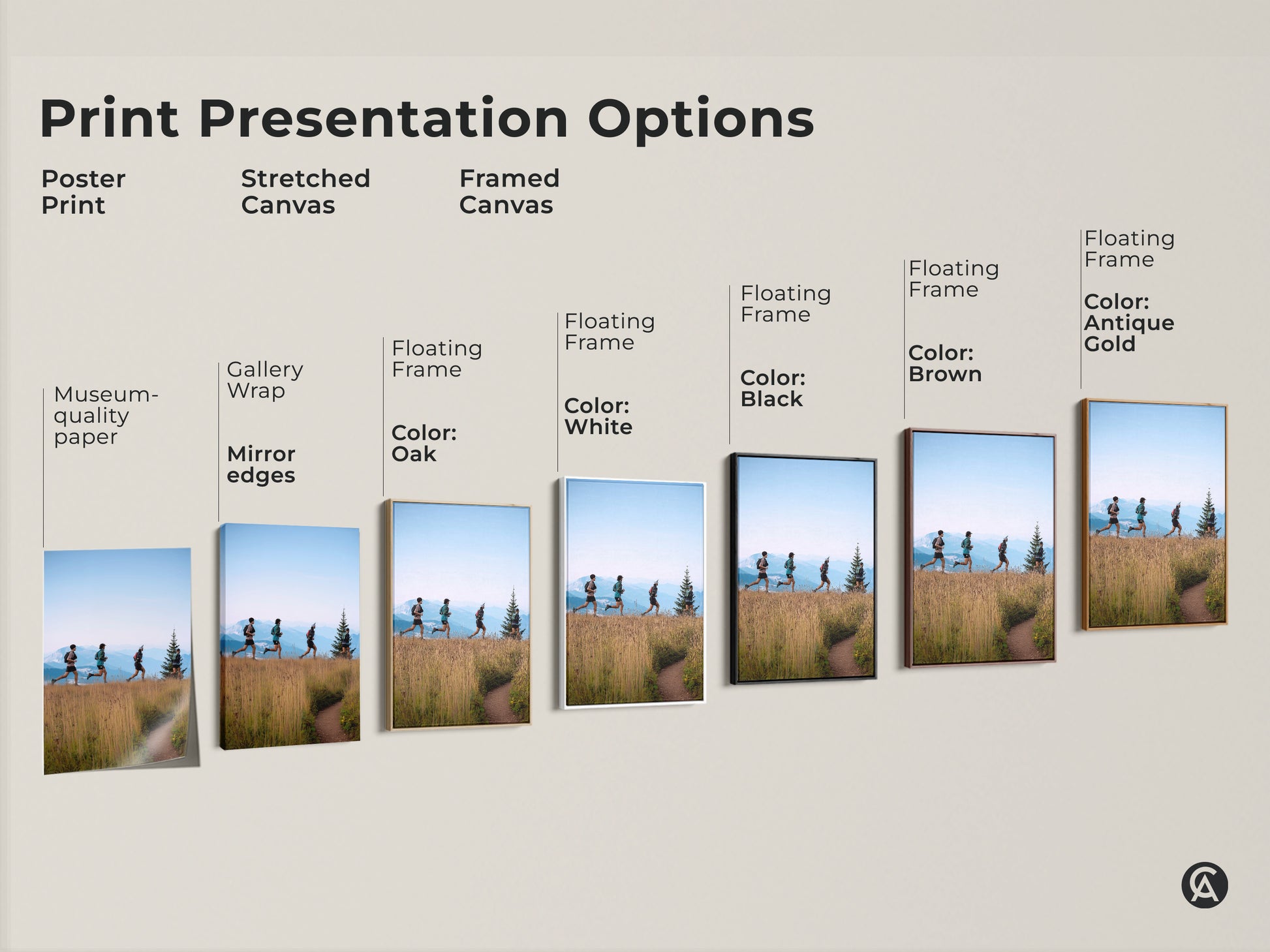 Explore print presentation options with this scenic mountain landscape artwork. Choose from poster prints stretched canvas or framed canvas. Each option highlights the golden yellow and earthy brown tones. Perfect for adding outdoor adventure to your home. Find the ideal hiker gift idea today.
