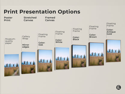 Explore print presentation options with this scenic mountain landscape artwork. Choose from poster prints stretched canvas or framed canvas. Each option highlights the golden yellow and earthy brown tones. Perfect for adding outdoor adventure to your home. Find the ideal hiker gift idea today.