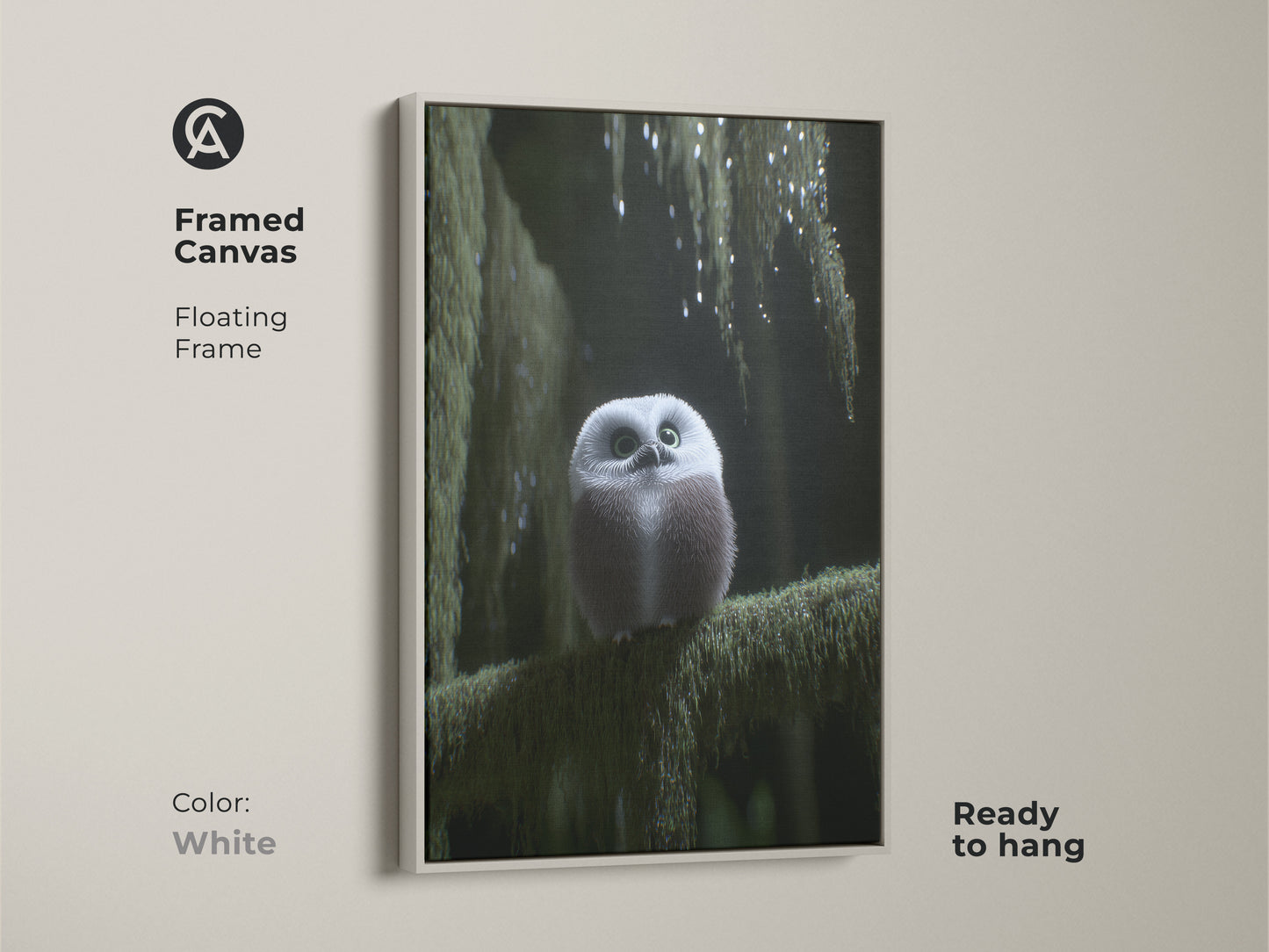 Framed canvas featuring a cute forest owl art print with a floating white frame. This artwork brings a fresh and clean look to your home. Ideal as woodland nursery decor or boho forest art. A nature lover gift idea and cozy bedroom art. The gray owl artwork complements any room