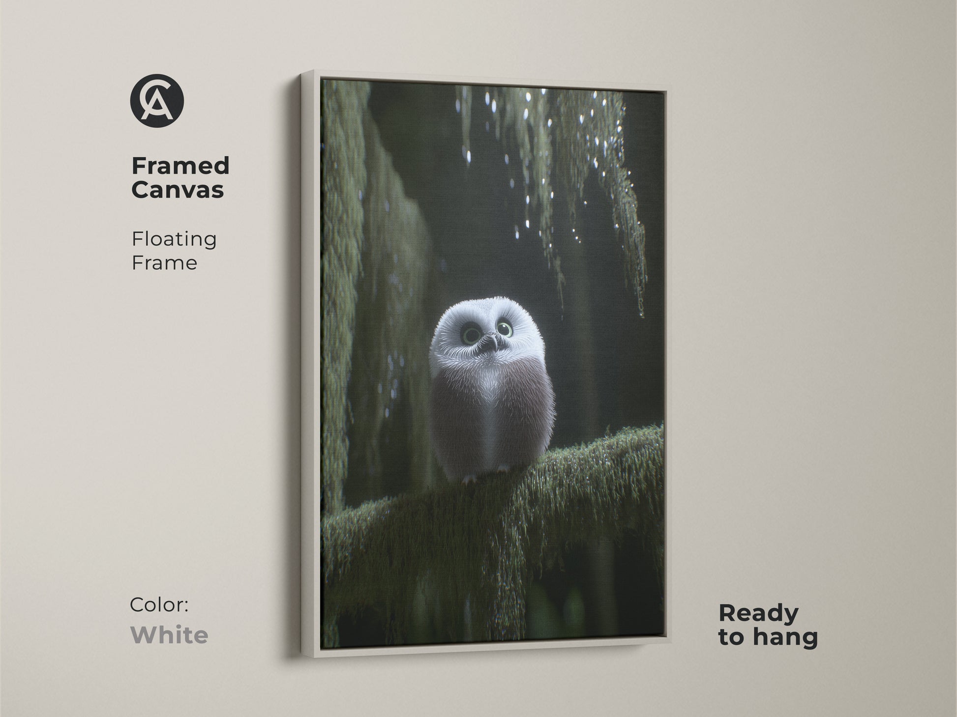 Framed canvas featuring a cute forest owl art print with a floating white frame. This artwork brings a fresh and clean look to your home. Ideal as woodland nursery decor or boho forest art. A nature lover gift idea and cozy bedroom art. The gray owl artwork complements any room