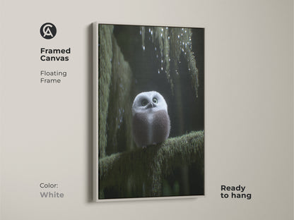 Framed canvas featuring a cute forest owl art print with a floating white frame. This artwork brings a fresh and clean look to your home. Ideal as woodland nursery decor or boho forest art. A nature lover gift idea and cozy bedroom art. The gray owl artwork complements any room