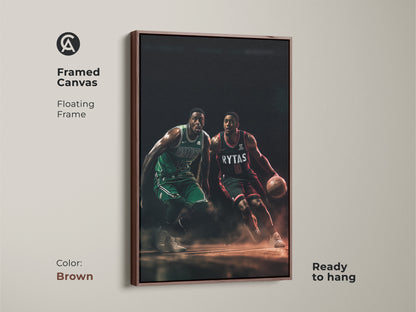 Framed canvas art featuring two basketball players during a game. The floating brown frame enhances the artwork. This piece is ready to hang. A stylish addition for sports-themed decor.