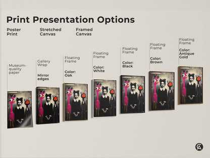Print presentation options for surreal wall art. It features a pink flamingo and ostrich character. Options include poster print stretched canvas and framed canvas. Choose the perfect presentation for your eclectic or modern decor. This whimsical artwork makes a great gift for art lovers.