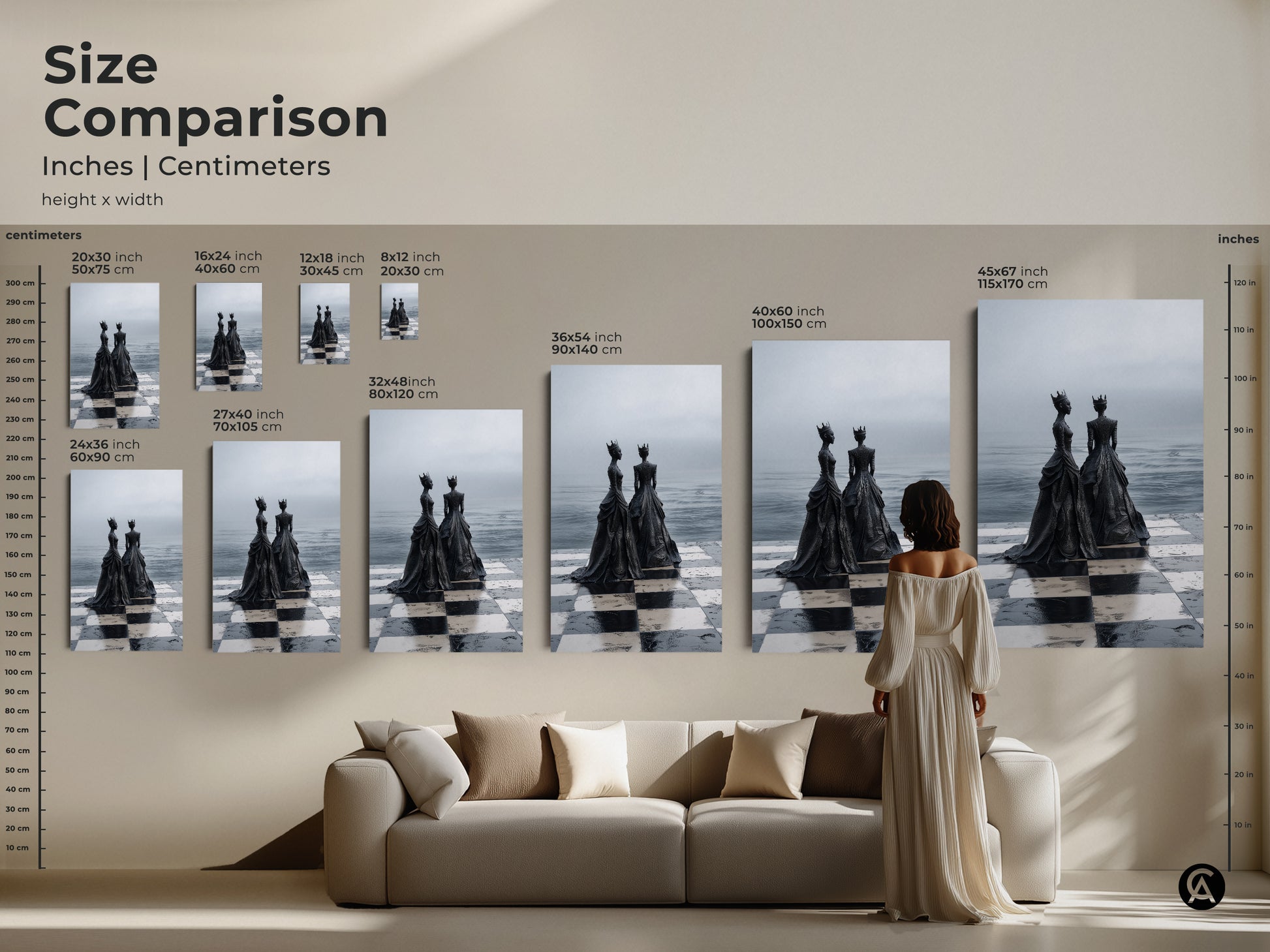 Size comparison of a surreal monochrome chess queen artwork in inches and centimeters. See how the canvas print fits above a couch. A perfect piece of conceptual home art.