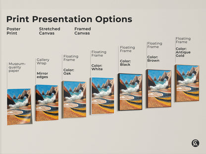 Print presentation options displayed. A poster print on museum-quality paper is shown. Stretched canvas with gallery wrap. Framed canvas in oak white black brown and antique gold. Textured coastal landscape artwork print.