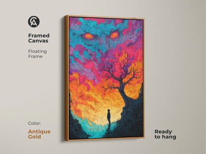 A framed canvas highlights striking artwork. A lone figure stands beneath a tree under the colorful sky monster. The antique gold frame adds a touch of elegance. This ready-to-hang piece is perfect for art lovers. It brings a surreal atmosphere to any space.