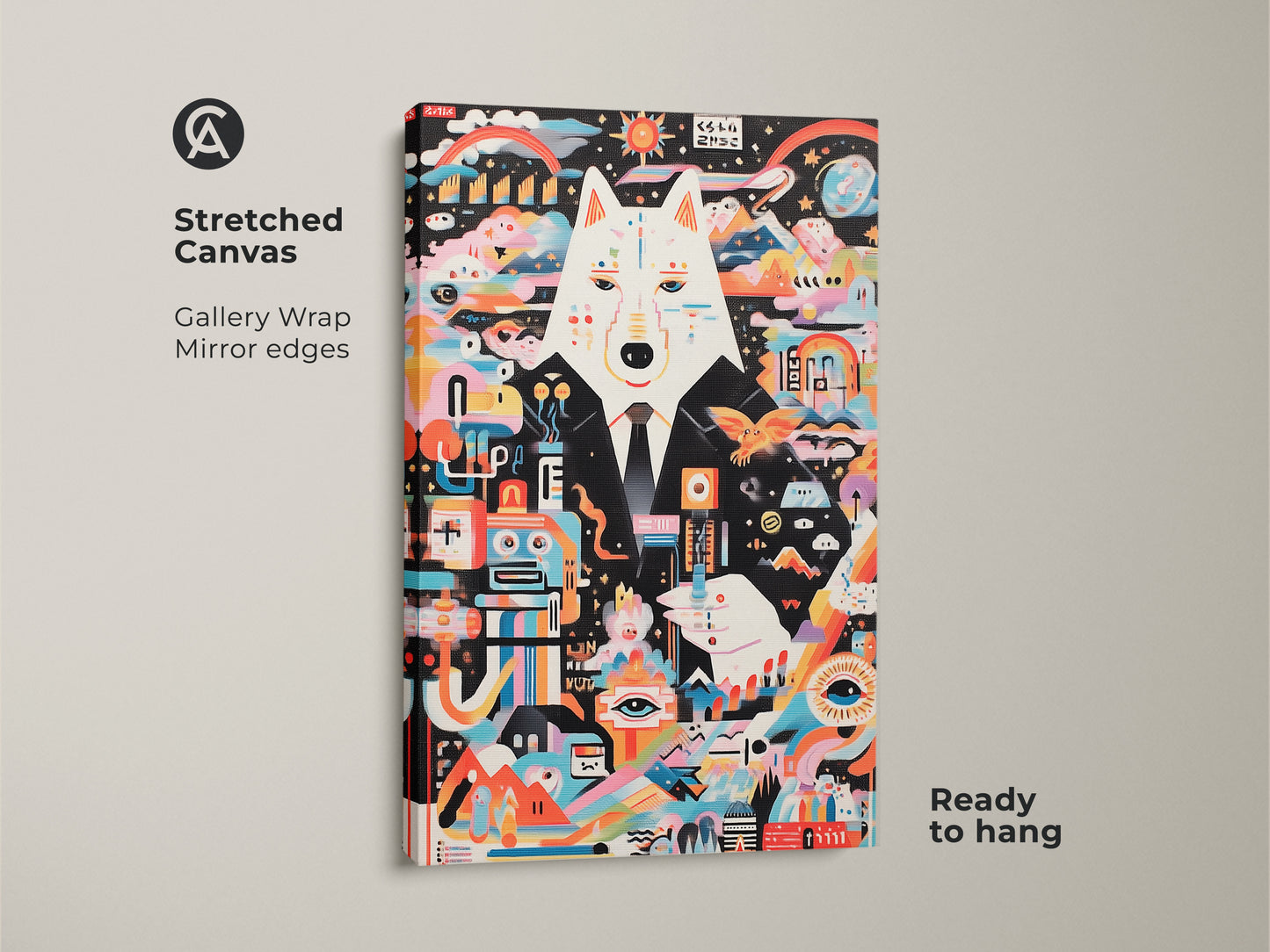 A stretched canvas print displays abstract wolf wall art. It features surreal robot animal elements and vibrant multicolor patterns. This modern eclectic decor is ready to hang with gallery-wrapped edges. An eye-catching artwork for contemporary spaces and a creative gift.