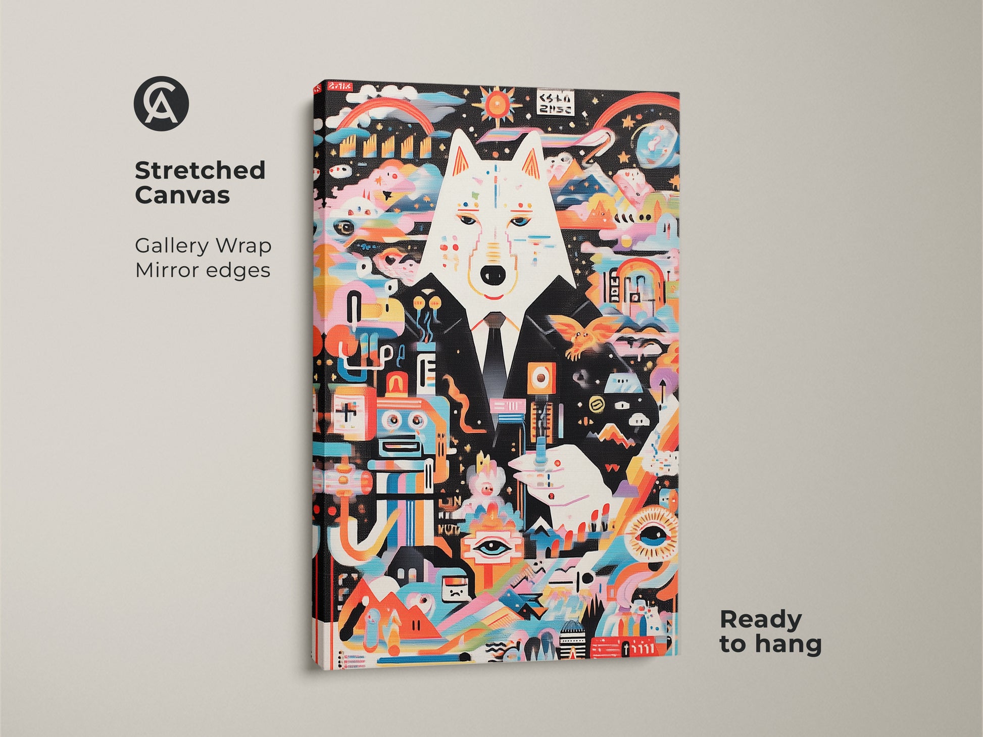 A stretched canvas print displays abstract wolf wall art. It features surreal robot animal elements and vibrant multicolor patterns. This modern eclectic decor is ready to hang with gallery-wrapped edges. An eye-catching artwork for contemporary spaces and a creative gift.
