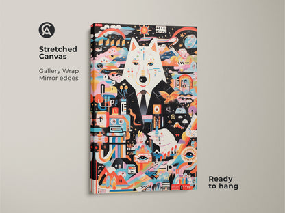 A stretched canvas print displays abstract wolf wall art. It features surreal robot animal elements and vibrant multicolor patterns. This modern eclectic decor is ready to hang with gallery-wrapped edges. An eye-catching artwork for contemporary spaces and a creative gift.