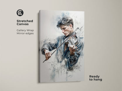 Stretched canvas art print featuring a young violinist. This gallery-wrapped artwork has mirror edges adding depth to the piece. The musician is surrounded by faint musical notes. This is a high-quality ready-to-hang canvas.