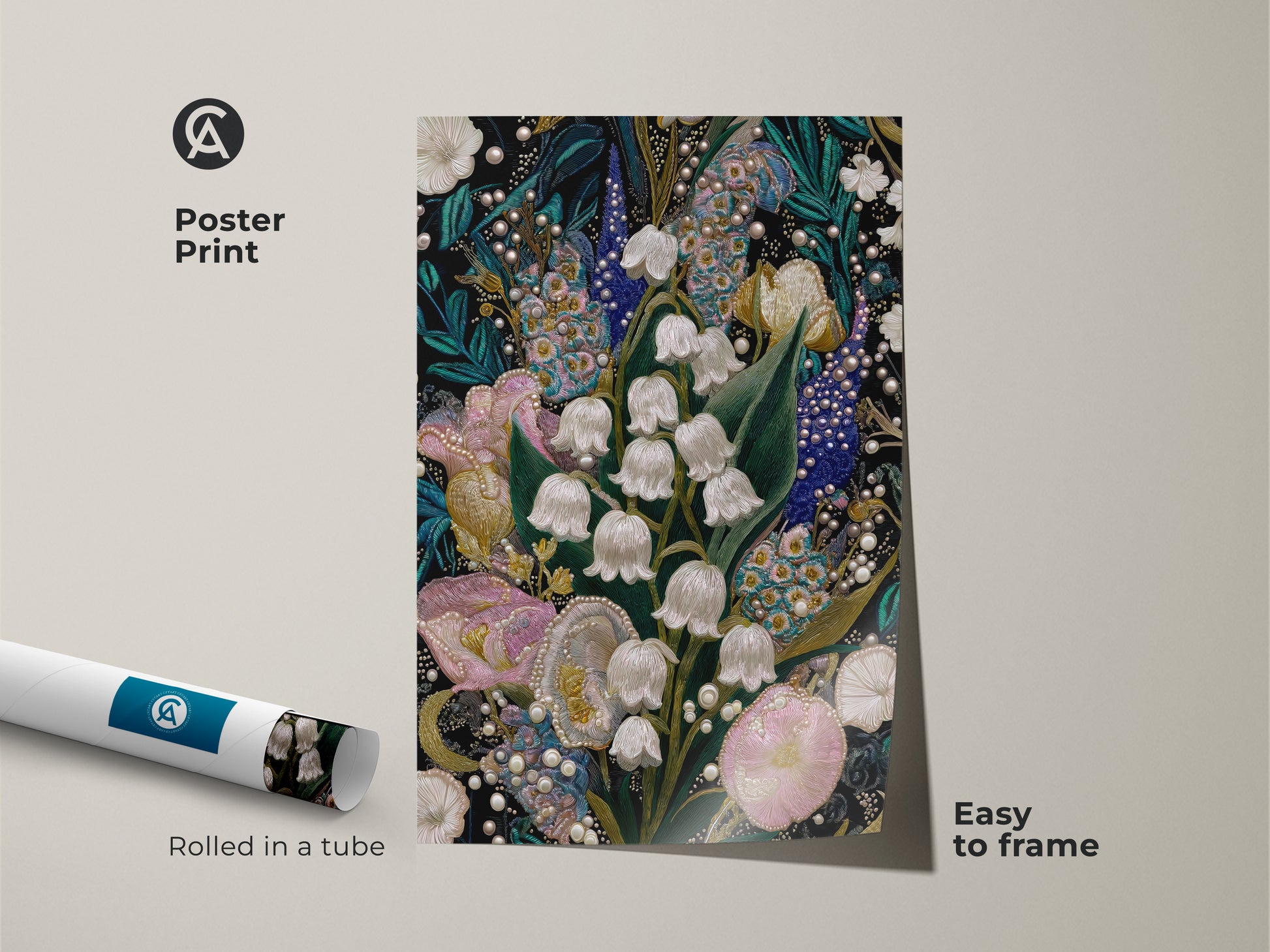 Poster print of Lily of the Valley & Tulip Embroidery Art. Rolled in a tube this textured nature print is easy to frame. This pink teal and white floral home decor art adds a unique botanical touch. Perfect as an artistic embroidery gift.