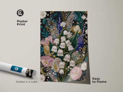 Poster print of Lily of the Valley & Tulip Embroidery Art. Rolled in a tube this textured nature print is easy to frame. This pink teal and white floral home decor art adds a unique botanical touch. Perfect as an artistic embroidery gift.