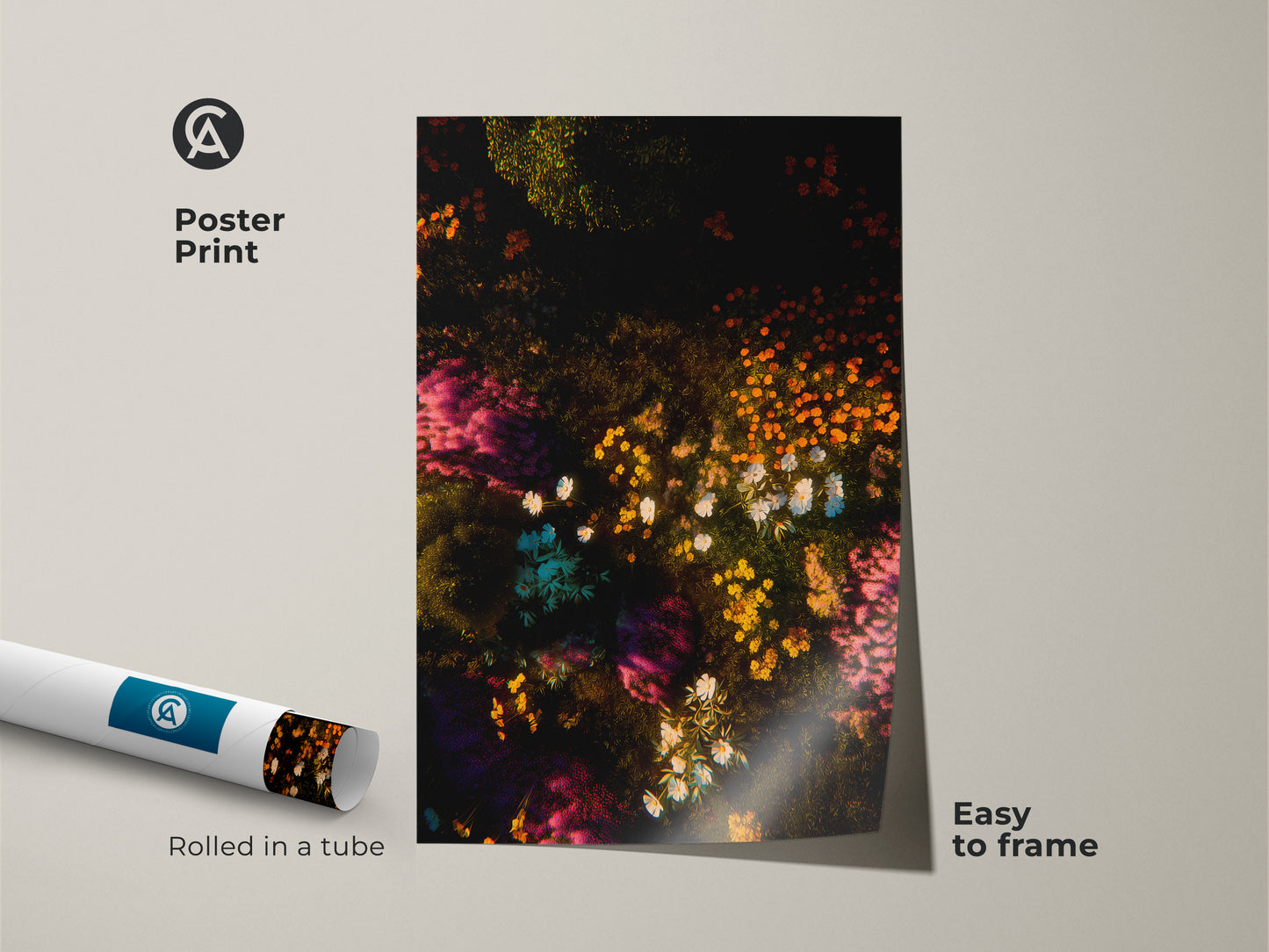 Poster print featuring bright floral artwork. The art showcases a dark backdrop with colorful flowers. Easy to frame this museum-quality paper poster print. Rolled in a tube for protection this floral artwork is a great addition to your wall.